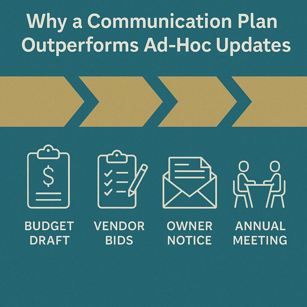 HOA communication plan illustration showing email, portal posts, and notice boards