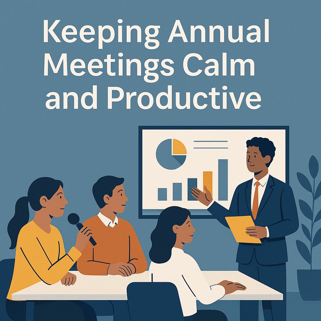 Calm and productive HOA annual meeting scene in a modern boardroom
