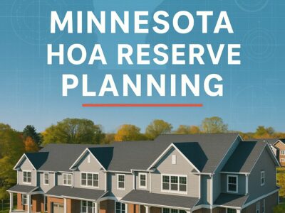 Aerial view of a modern Minnesota townhouse community in autumn, overlaid with blueprint lines and a faint Minnesota state outline, featuring the title “Minnesota HOA Reserve Planning” in bold white text with a red underline; branded for Bullseye Property Management & Realty.